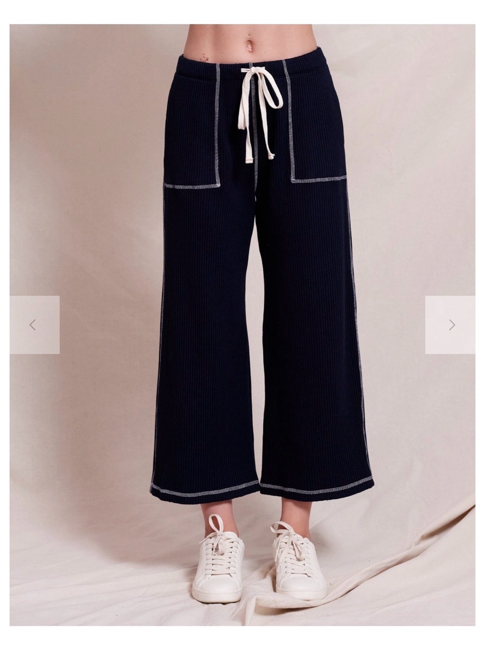 Anthropologie Sundry Waffle Contrast Stitch Navy Blue Wide Leg Pants Size M
